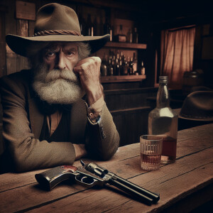 An old prospector, grizzly, long beard wide brim, cowboy hat, si...