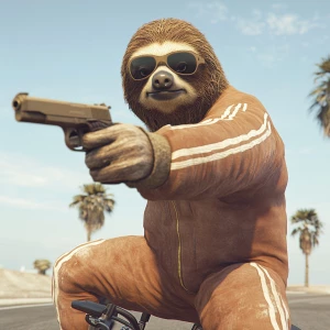 Sloths slerf meme..Sitting on a pedal bike pointing a pistol, su...