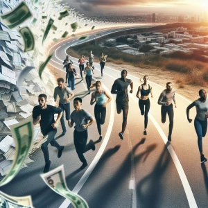 Create an image of a diverse group of people running on a curvin...