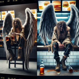 Fallen angel dressed in tattered rags [sits at a table alone dri...