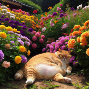 Orange chubby cat laying on a flower garden