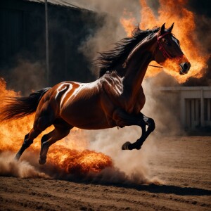 A horse ablaze gallops swiftly, embodying the essence of blazing...