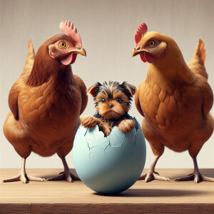 3 brown chickens look with frightened eyes at a blue egg from wh...