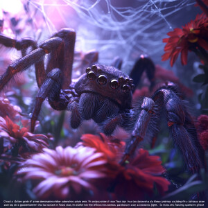 "Create a lifelike scene of a giant spider dominating a flower g...