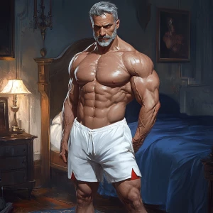 Create an image of a muscular bodybuilder with gray hair and a n...