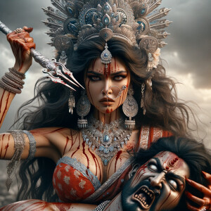 portrait of angry looking, gorgeous goddess durga cosplayer carrying a weak mahishasur in her two arms and stabbing him with her amazingly designed trident. She is wearing a huge silver crown, red saree, abundant silver jewelry, covered in blood. The scene is set in ancient India. The image is 8K resolution, cinematic, ultra detailed face and epic.