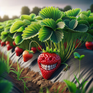 Create a high-quality photo: a strawberry bush growing in a fiel...