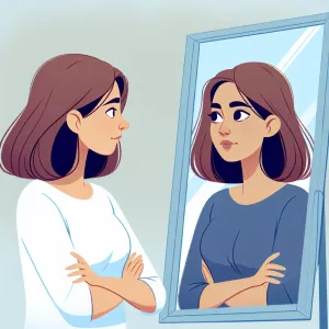 Женщина стоит напротив зеркала в полный рост. Смотрит на свое от...