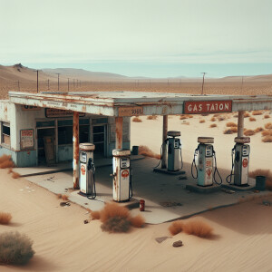 create an old abandoned gas station with visible pumps on the si...
