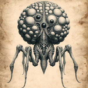 Extraterrestrial creature anatomical graphite illustration on bl...