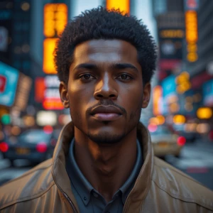 African American male model standing in Times Square
