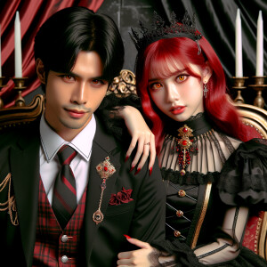 Lilith as a girl with elegant gothic lolita dress sit on the lap of handsome lucifer, the girl has red hair and golden eyes, thrones, blackand red elegant luxury background, Lucifer evil smirk, Obsession and Ownership,HD photography