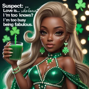 A chibi-style melanin rich skin tone animated African American woman with a glammed-up look. The woman is holding a cup of green liquid and shrugging. The quote says, "Suspect: Love is... who knows? I'm too busy being fabulous." She has long, high definition wig middle part  styled in soft waves and is dressed in an ultra-glam green outfit with clovers, rhinestones, and sparkles. Her face has a defined nose and full lips. The background features a festive touch with glitter, shamrocks, and soft glowing lights, creating a chic and vibrant vibe.