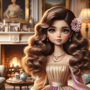 Create an image of a stylized, Latino doll-like girl seated in a cozy living room with a warm fireplace. She has voluminous, wavy hair cascading over her shoulders, tinted with shades of chestnut and mocha. Her large, expressive eyes are a deep brown, fringed with long, fluttery lashes. A delicate pink flower tucks behind one ear, complementing her youthful glow. She wears a gold, pink, and blue body on dress with soft, flowing fabric that drapes elegantly over her small frame. Around her neck is a dainty necklace adorned with beads and a gentle sprinkle of gemstones reflecting subtle light. In her hand, she holds a pearly seashell as a charming accessory. Behind her, the living room is inviting, with plush furnishings, a mantelpiece adorned with family photos and trinkets, and a crackling fireplace that casts a comforting glow and dancing shadows around the room, enhancing the ambiance of a serene home setting