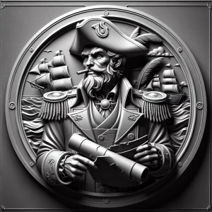 Design a high-contrast grayscale 3d bas relief of captain crunch, The composition should be circular like a coin emblem, designed for CNC routing with balanced lighting to accentuate fine details, sharp edges, and distinct textures. Employ deep shadows and strong highlights to define planes and surfaces clearly.