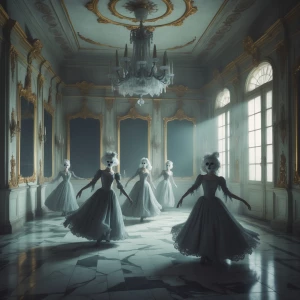 "In the opulent grandeur of a decaying Rococo ballroom, shadows...