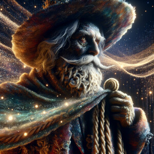 A whimsically ancient Wanderer, shrouded in vibrant robes of wov...