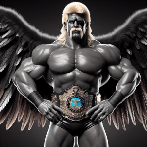 Hulk Hogan wearing his championship belt , he has long black fea...