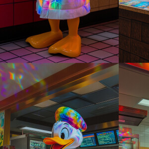 Donald Duck, dressed as a classic waiter, stands behind the coun...