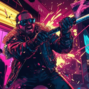 PEPE MEME wearing sunglasses and a leather jacket, mid-swing wit...