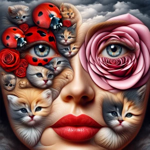 Create a surreal portrait featuring a woman whose nose is shaped...