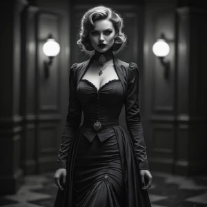 Generate an image of a femme fatal, portrayed as a mysterious an...