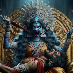 portrait of extremly angry looking goddess kali, blue skinned, sitting on a gold crown and carrying a weak mahishasur on her lap and stabbing him with her amazing red finger nails. She is wearing diamond armor, a huge diamond crown, red saree, abundant diamond jewelry, covered in blood. The scene is set in ancient India. The image is 8K resolution, cinematic, ultra detailed face and epic.