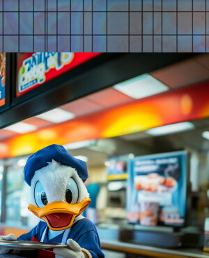 Donald Duck, dressed as a classic waiter, stands behind the coun...