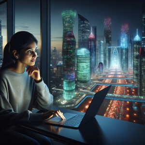 A young woman is seated at a laptop in a high-tech library, gazi...
