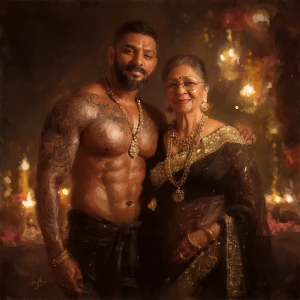 Realism,photo painting.a muscular beefy sweaty tattoed indian ma...