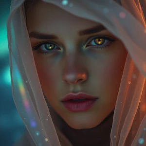 A surreal close-up portrait of a person draped in a translucent...