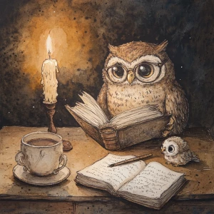 Owl with glasses is reading a book by the light of a candle with a stack of old antique books next to him on a table. A quil pen is in an ink pot on the table. a cup of coffee is next to him on the table as well as an owlet looking up at him. Watercolor with pencil outlines. Focus on the owls.