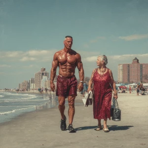 Hyperrealism photo painting .a muscular sweaty man walking  with...