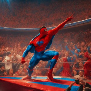 "Create an animated scene set in a lively wrestling arena. Featu...