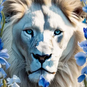 Create an image of an albinotic white lion with striking blue  i...
