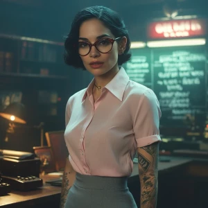 A cinematic close-up of Dahlia Valentina as a Continental Admini...