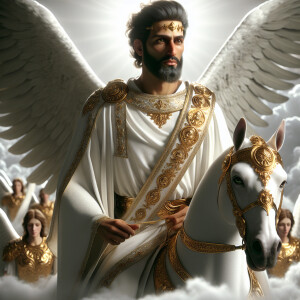 Visualize Jesus clad in a white robe accessorized with a shimmer...