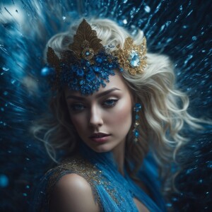 Create a full-length portrait of a woman with flowing blonde hai...