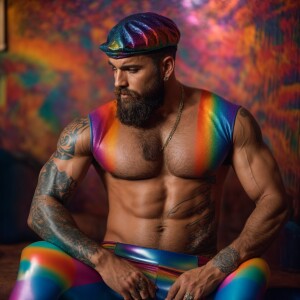 A bearded, muscular man confidently stands with his hands in his...