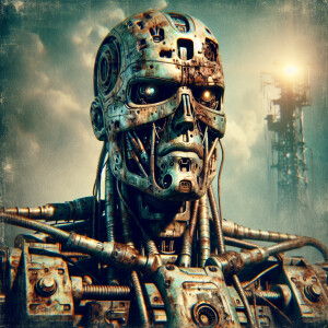 A battered, biomechanical cyborg, built from salvaged mechanical...