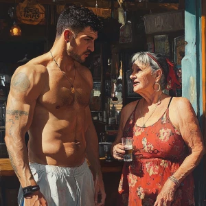 Photorealism.a muscular sweaty man standing and  talking to his...