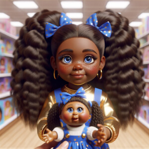 Create a 3-D image of an african-American little girl inside of a medium size, toy store. The little girl has thick long, ponytails and huge blue eyes. She has on a gold and blue jumpsuit with matching bows, She is playing with her favorite african-American cabbage patch doll, the doll has deep, dimples, and freckles and looks just like her