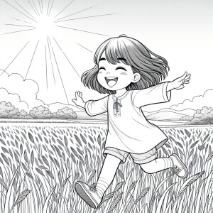 Coloring book page small girl with short hair in a feild