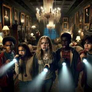 Four teenagers are fighting in a dark old mansion. Mx flashlight...