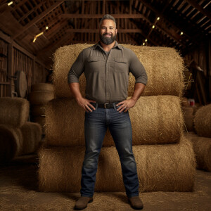 Create an image of a well-built man weighing 255 pounds with str...