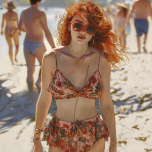 Photo realistic image. Light haired ginger female, wearing summe...