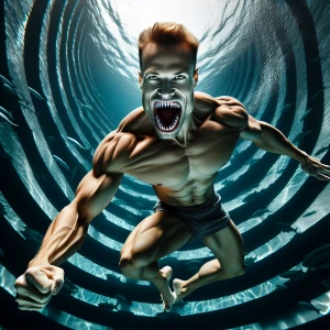 Dynamic underwater photograph of a muscular female figure with s...