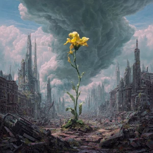 Around a flower with a green stem and yellow petals, piles of me...