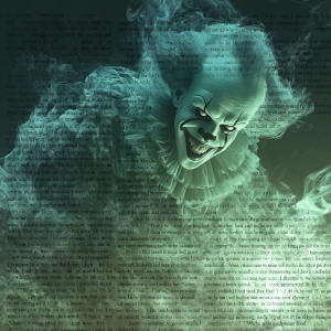 Generate an image :"Illustrate an eerie, sinister clown emerging...