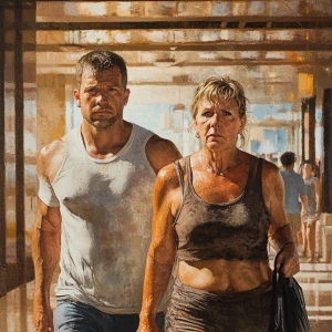 Photorealism.A man  muscular beefy sweat walking with his  54 ye...